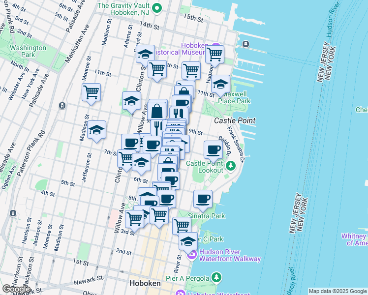 map of restaurants, bars, coffee shops, grocery stores, and more near 799 Washington Street in Hoboken