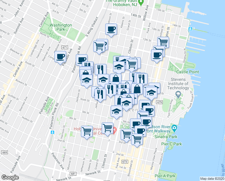 map of restaurants, bars, coffee shops, grocery stores, and more near 701 Grand Street in Hoboken