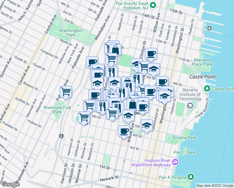 map of restaurants, bars, coffee shops, grocery stores, and more near 711 Adams Street in Hoboken