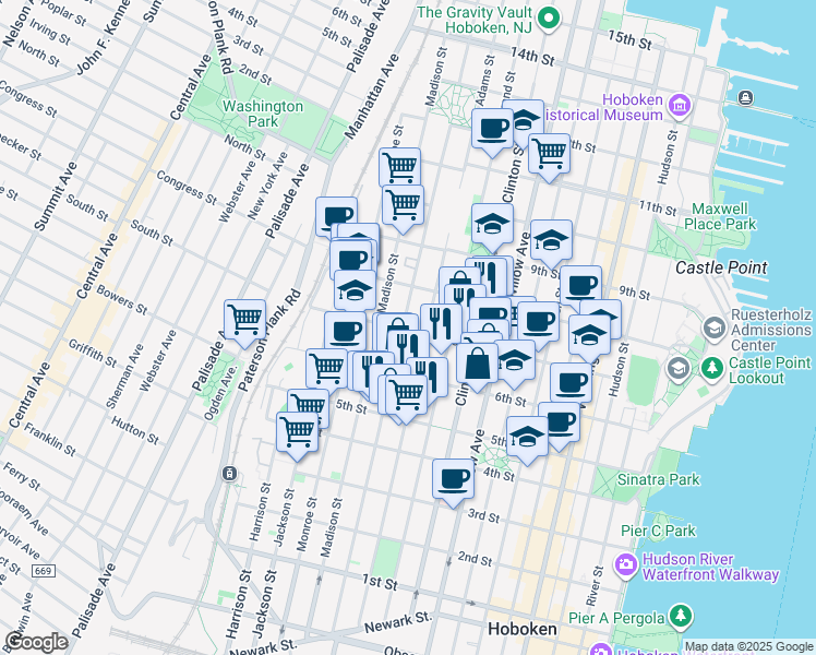 map of restaurants, bars, coffee shops, grocery stores, and more near 711 Adams Street in Hoboken