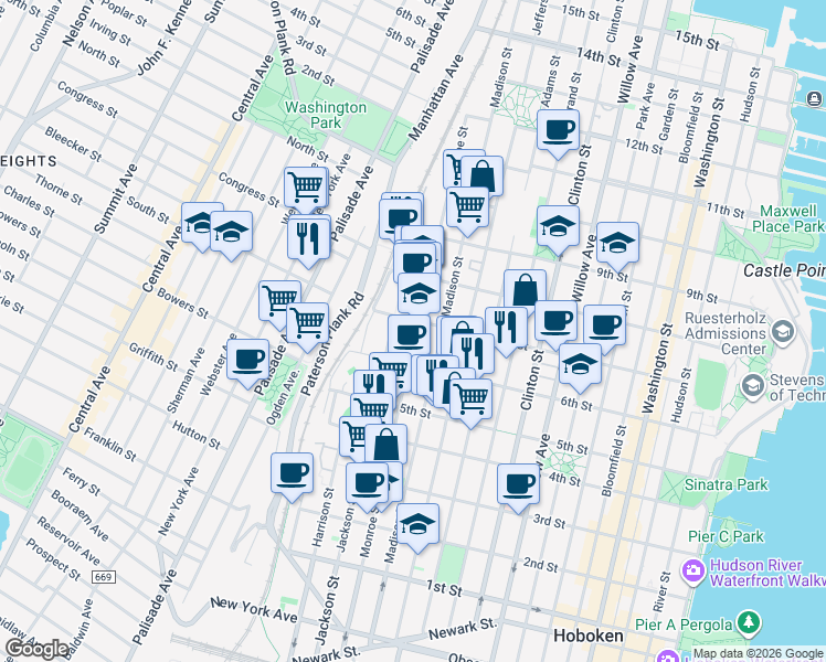 map of restaurants, bars, coffee shops, grocery stores, and more near 622 Monroe Street in Hoboken