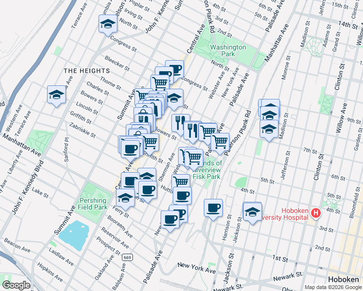 map of restaurants, bars, coffee shops, grocery stores, and more near 156 Sherman Avenue in Jersey City