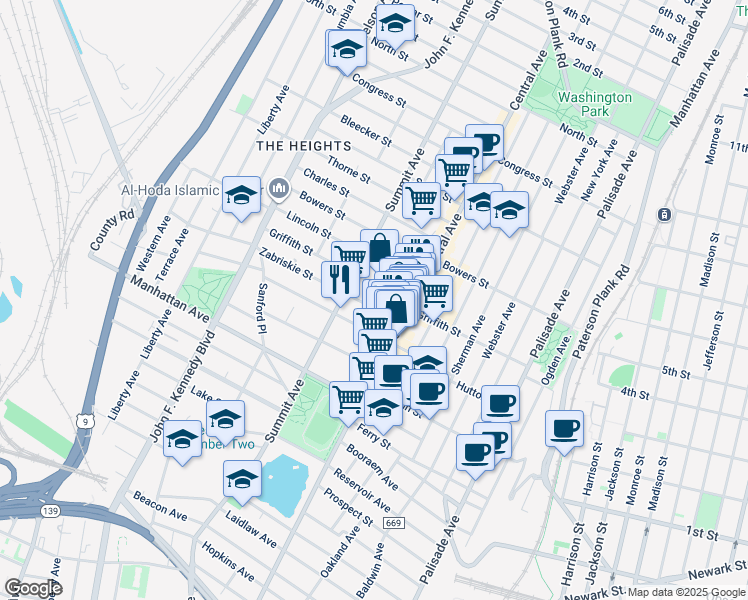 map of restaurants, bars, coffee shops, grocery stores, and more near 22 Zabriskie Street in Jersey City