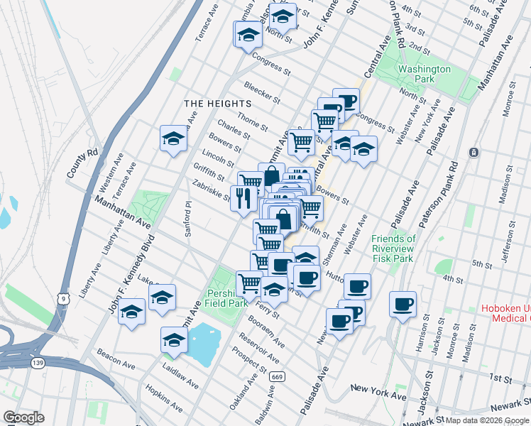 map of restaurants, bars, coffee shops, grocery stores, and more near 20 Zabriskie Street in Jersey City