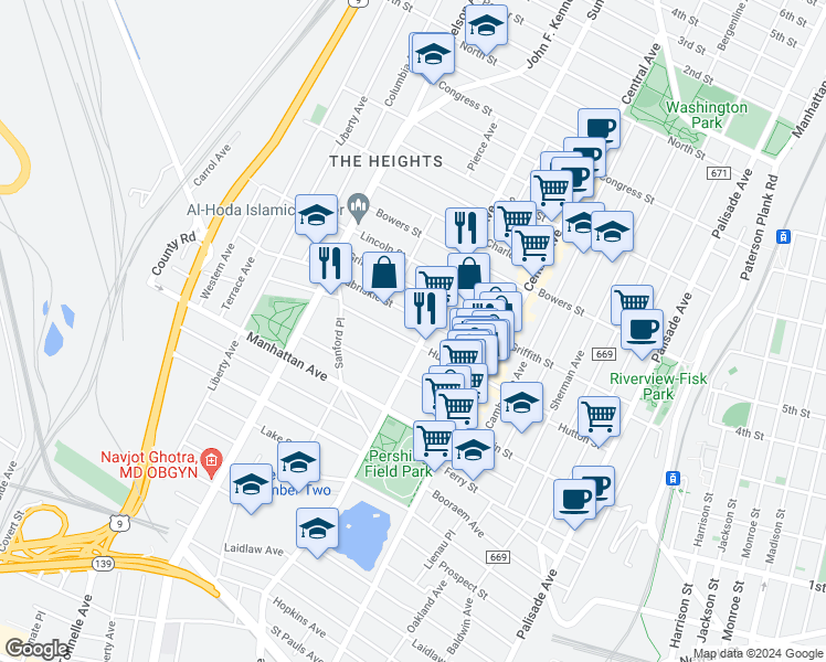 map of restaurants, bars, coffee shops, grocery stores, and more near in Hudson County