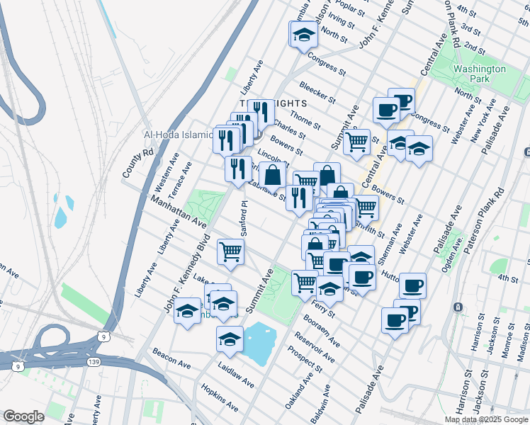 map of restaurants, bars, coffee shops, grocery stores, and more near 102 Sherman Place in Jersey City