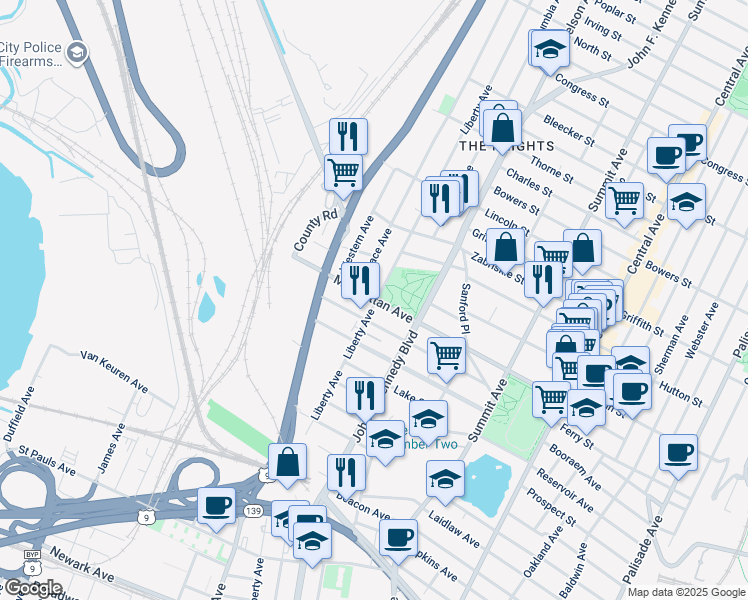 map of restaurants, bars, coffee shops, grocery stores, and more near 260 County Road 647 in Jersey City
