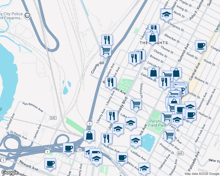 map of restaurants, bars, coffee shops, grocery stores, and more near 150 Beach Street in Jersey City