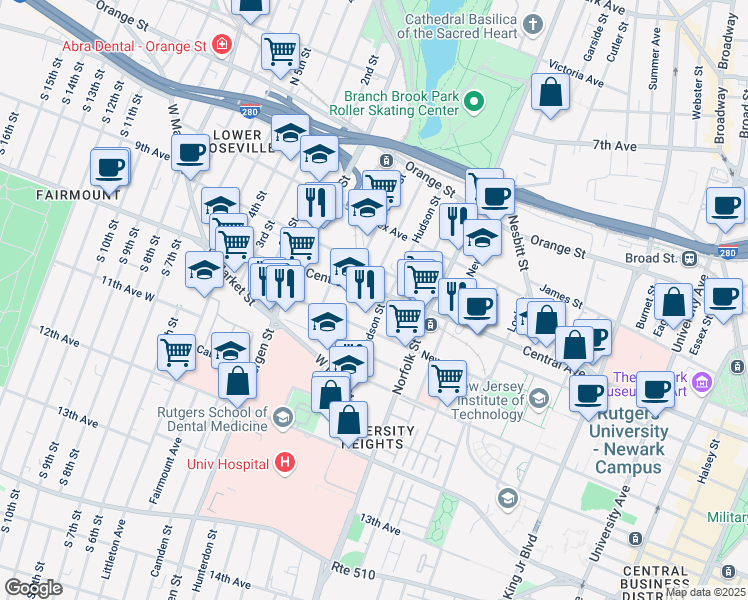 map of restaurants, bars, coffee shops, grocery stores, and more near 111 Hudson Street in Newark