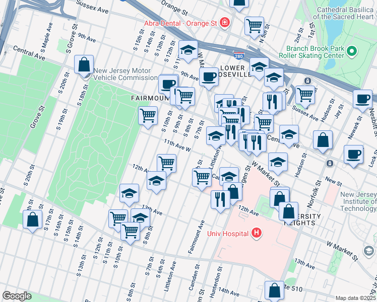 map of restaurants, bars, coffee shops, grocery stores, and more near 52 11th Avenue West in Newark