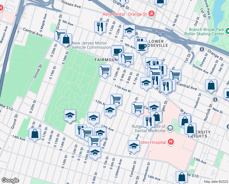 map of restaurants, bars, coffee shops, grocery stores, and more near 196 South 10th Street in Newark