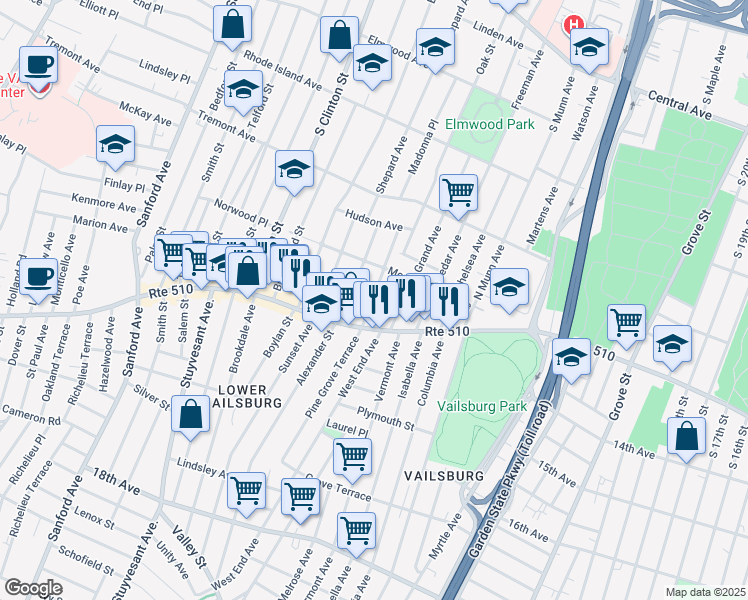 map of restaurants, bars, coffee shops, grocery stores, and more near 78 Arsdale Place in Newark