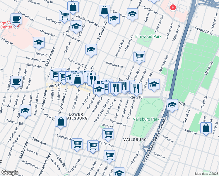 map of restaurants, bars, coffee shops, grocery stores, and more near 81 Hillcrest Terrace in East Orange