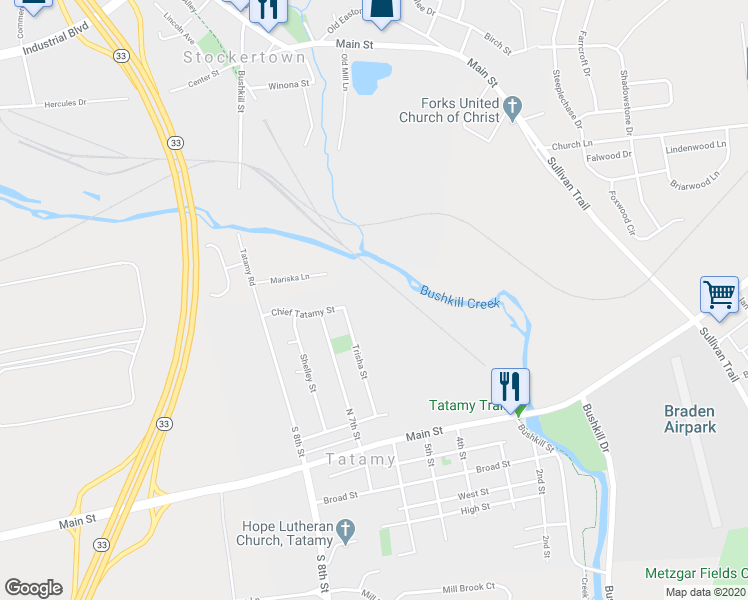 map of restaurants, bars, coffee shops, grocery stores, and more near 285 Trisha Street in Easton