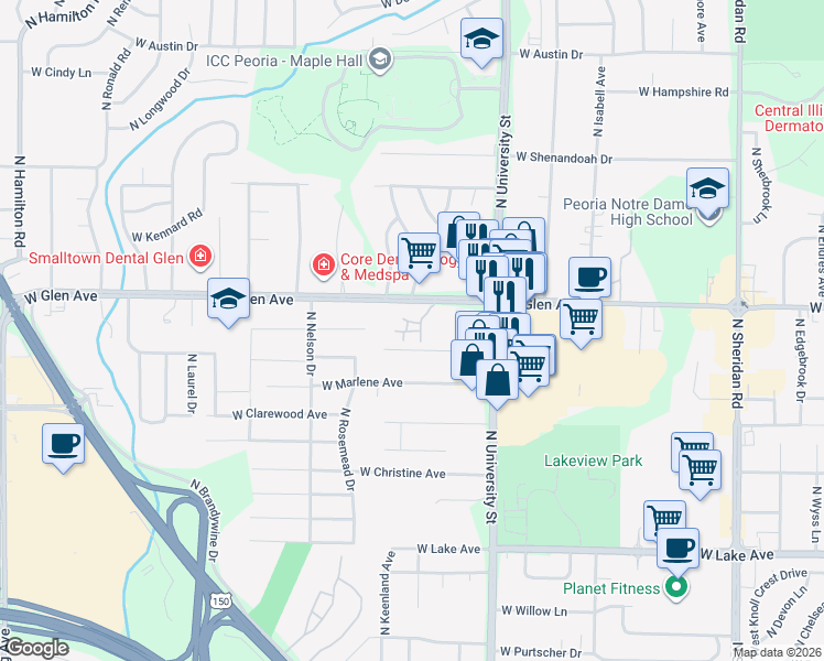 map of restaurants, bars, coffee shops, grocery stores, and more near in Peoria