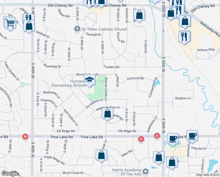 map of restaurants, bars, coffee shops, grocery stores, and more near 4800 Deer Creek Drive in Lincoln
