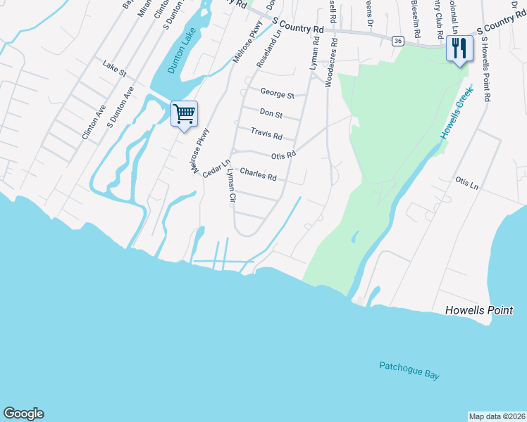 map of restaurants, bars, coffee shops, grocery stores, and more near 224 Lyman Road in East Patchogue