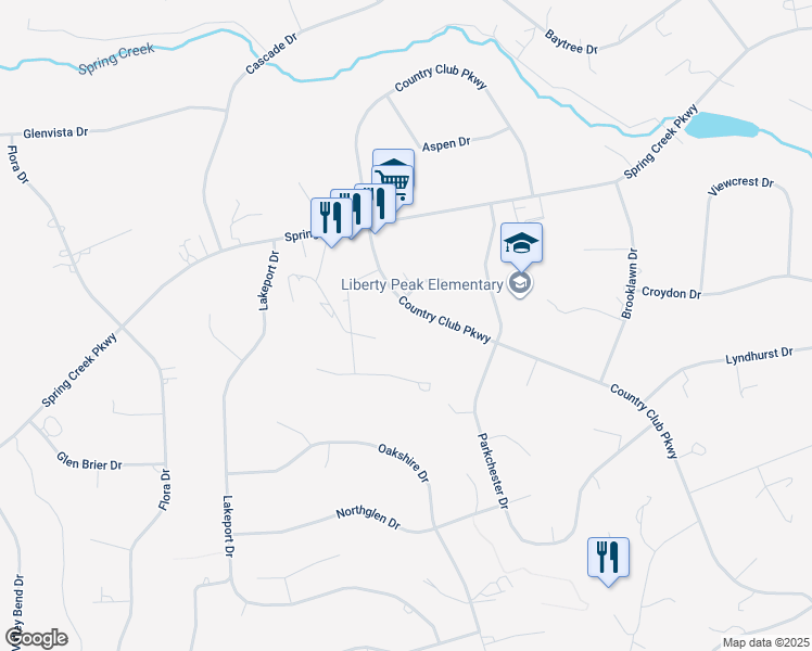 map of restaurants, bars, coffee shops, grocery stores, and more near 255 Country Club Parkway in Spring Creek