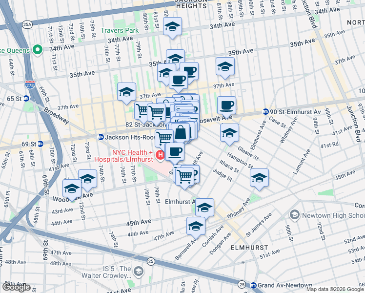 map of restaurants, bars, coffee shops, grocery stores, and more near 81-31 Baxter Avenue in Queens