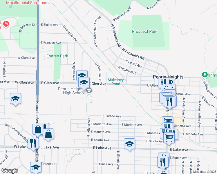 map of restaurants, bars, coffee shops, grocery stores, and more near 724 E Glen Ave in Peoria Heights