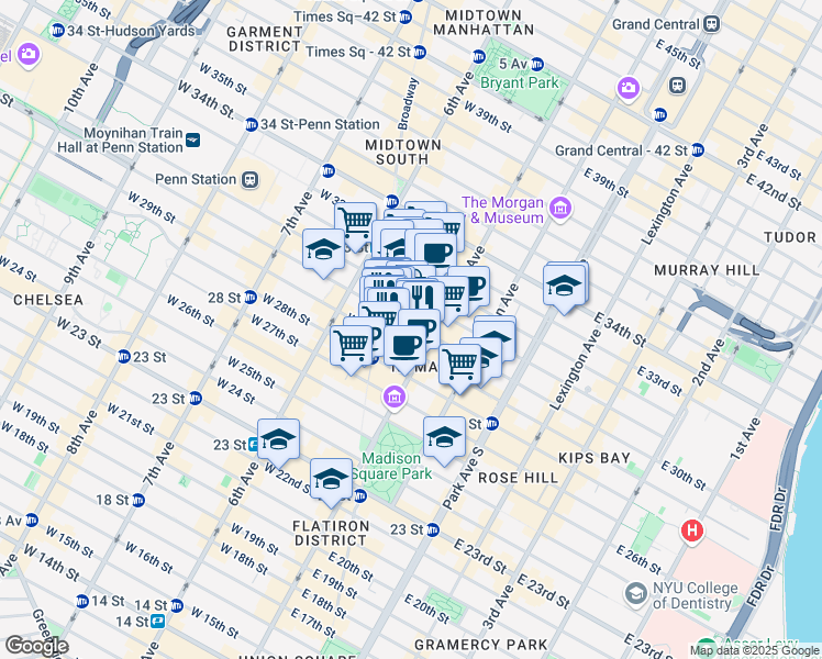 map of restaurants, bars, coffee shops, grocery stores, and more near 10 West 30th Street in New York