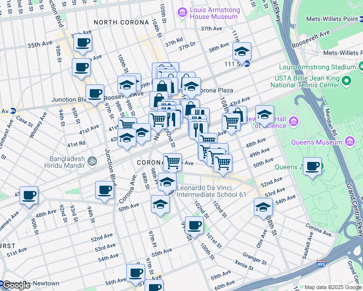 map of restaurants, bars, coffee shops, grocery stores, and more near 102-17 46th Avenue in Queens