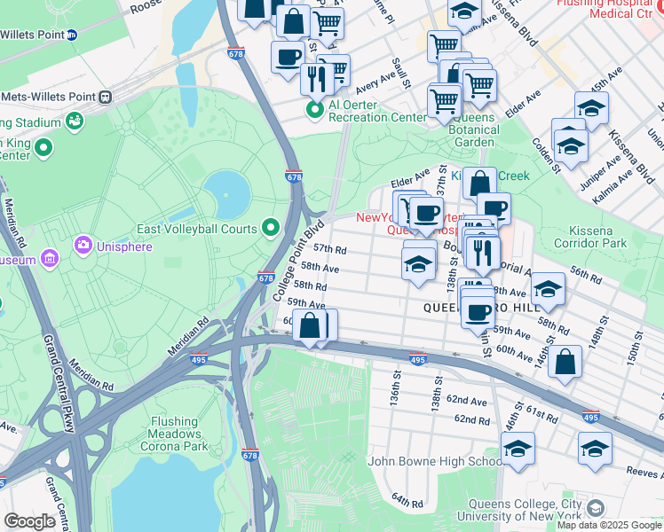 map of restaurants, bars, coffee shops, grocery stores, and more near 57-63 Lawrence Street in Queens
