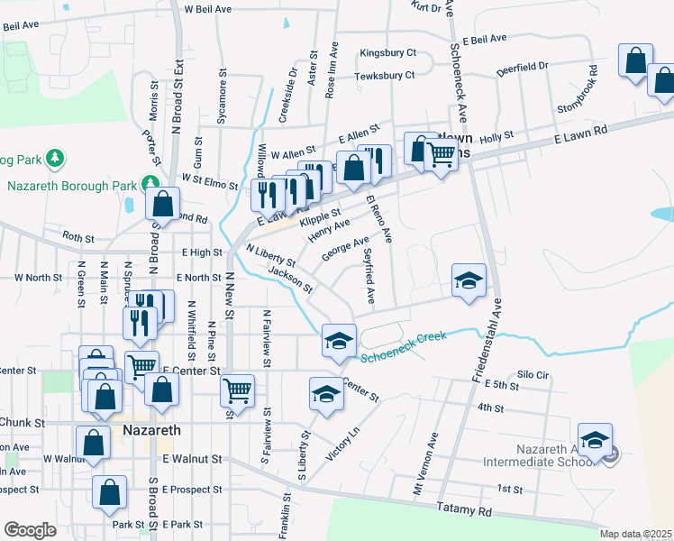map of restaurants, bars, coffee shops, grocery stores, and more near 25 Charles Avenue in Nazareth