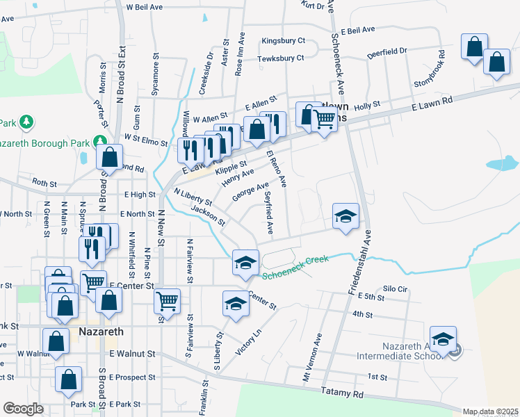 map of restaurants, bars, coffee shops, grocery stores, and more near 54 Charles Avenue in Nazareth