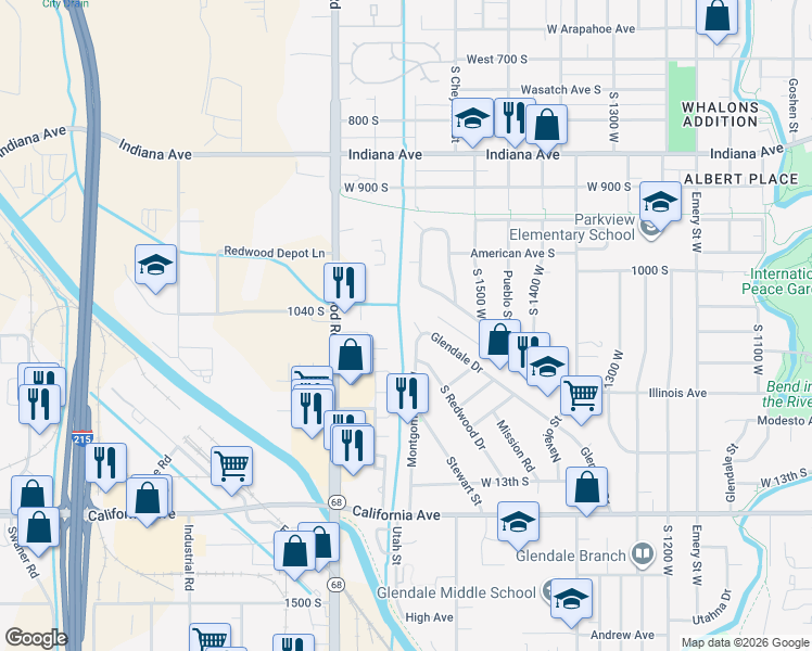 map of restaurants, bars, coffee shops, grocery stores, and more near 1076 Glendale Circle in Salt Lake City
