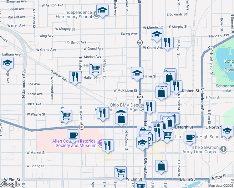 map of restaurants, bars, coffee shops, grocery stores, and more near 417 W Mckibben St in Lima