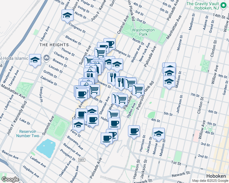 map of restaurants, bars, coffee shops, grocery stores, and more near 67 Bowers Street in Jersey City