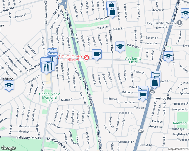 map of restaurants, bars, coffee shops, grocery stores, and more near 19 Cable Lane in Hicksville
