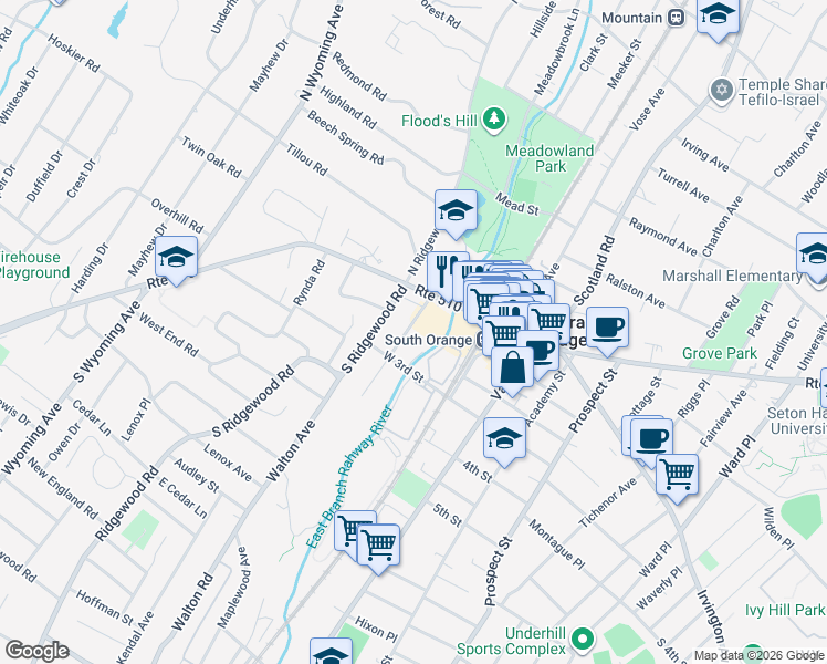 map of restaurants, bars, coffee shops, grocery stores, and more near 42 Church Street in South Orange