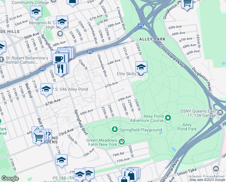 map of restaurants, bars, coffee shops, grocery stores, and more near 67-27 Cloverdale Boulevard in Queens