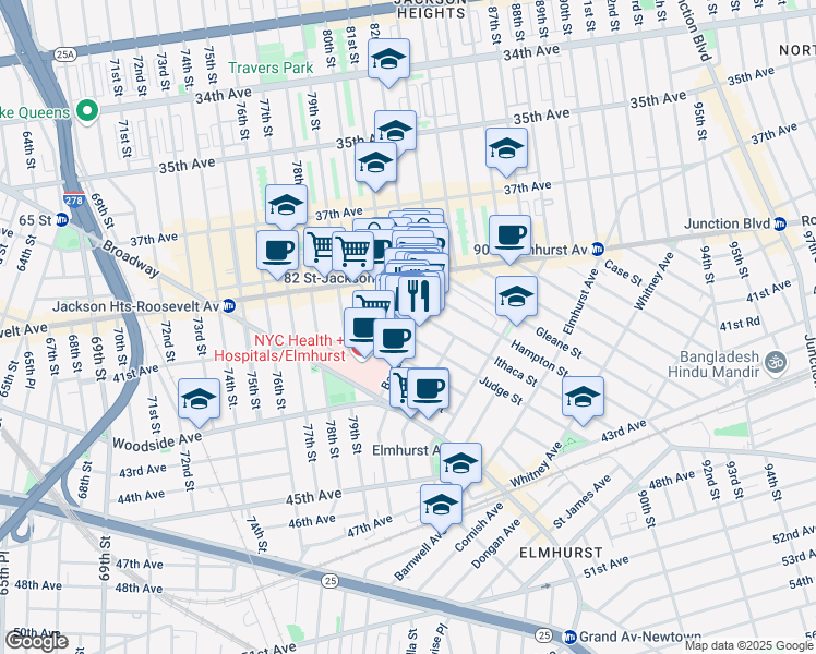 map of restaurants, bars, coffee shops, grocery stores, and more near 81-31 Baxter Avenue in Queens