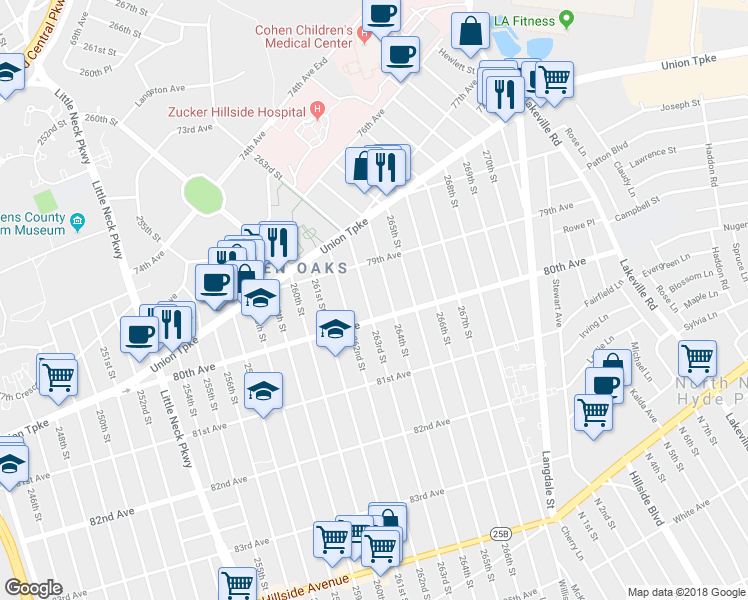 map of restaurants, bars, coffee shops, grocery stores, and more near 79-43 263rd Street in Queens