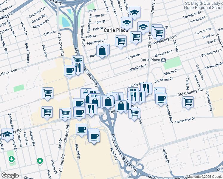 map of restaurants, bars, coffee shops, grocery stores, and more near 253 Curtis Avenue in Carle Place