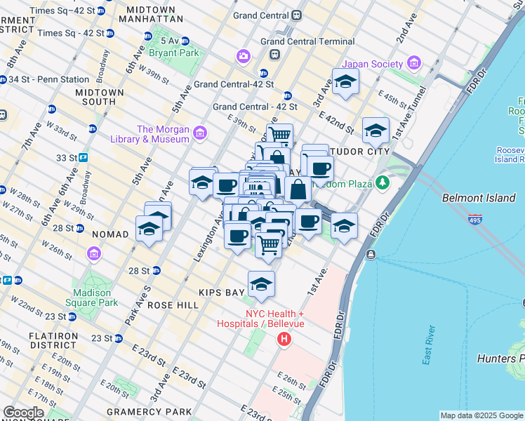 map of restaurants, bars, coffee shops, grocery stores, and more near 519 3rd Avenue in New York