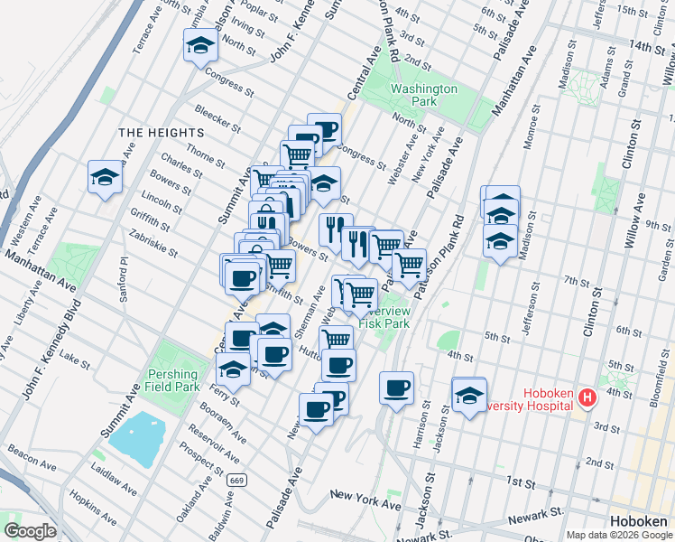 map of restaurants, bars, coffee shops, grocery stores, and more near 154 Sherman Avenue in Jersey City