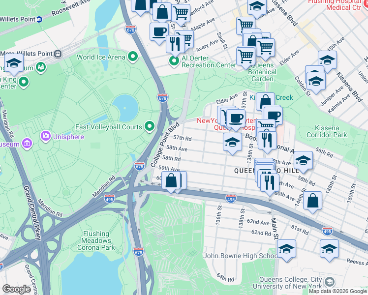 map of restaurants, bars, coffee shops, grocery stores, and more near 57-63 Lawrence Street in Queens