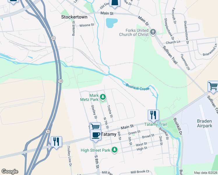 map of restaurants, bars, coffee shops, grocery stores, and more near 585 Chief Tatamy Street in Tatamy