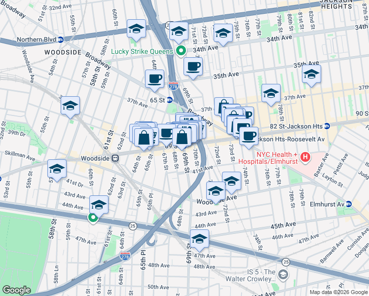 map of restaurants, bars, coffee shops, grocery stores, and more near 68-03 Roosevelt Avenue in Queens