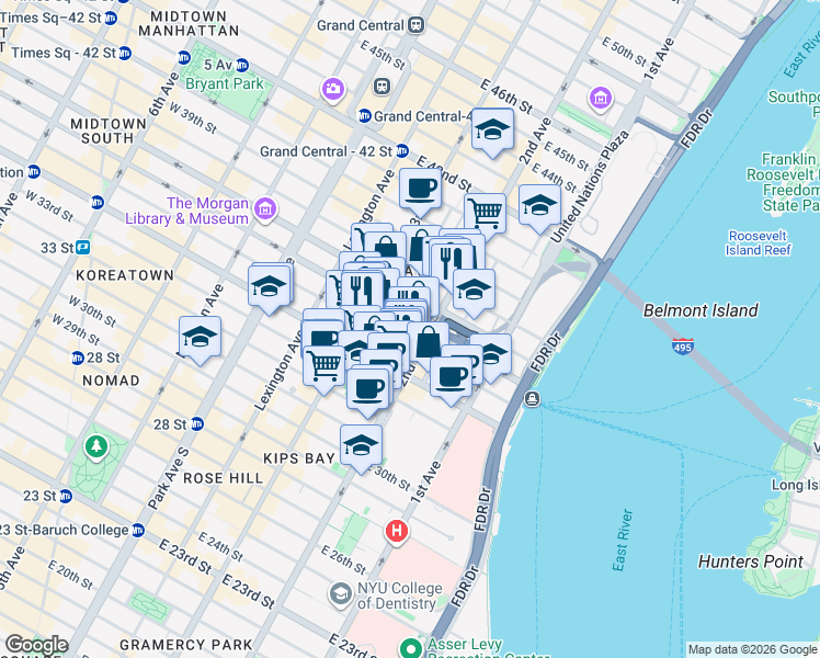 map of restaurants, bars, coffee shops, grocery stores, and more near 649 2nd Avenue in New York