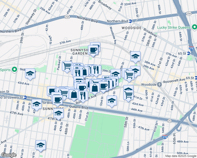 map of restaurants, bars, coffee shops, grocery stores, and more near 51-1 Skillman Avenue in Queens
