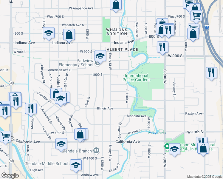 map of restaurants, bars, coffee shops, grocery stores, and more near 1075 Emery Street West in Salt Lake City