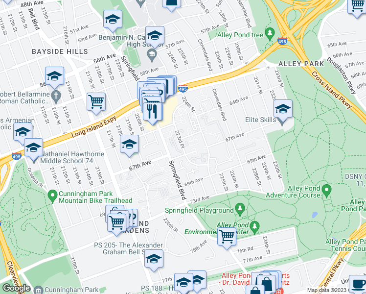 map of restaurants, bars, coffee shops, grocery stores, and more near 6524 223rd Place in Queens