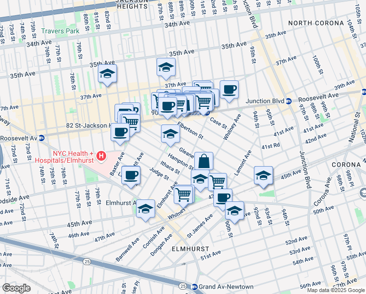 map of restaurants, bars, coffee shops, grocery stores, and more near 88-11 Elmhurst Avenue in Queens