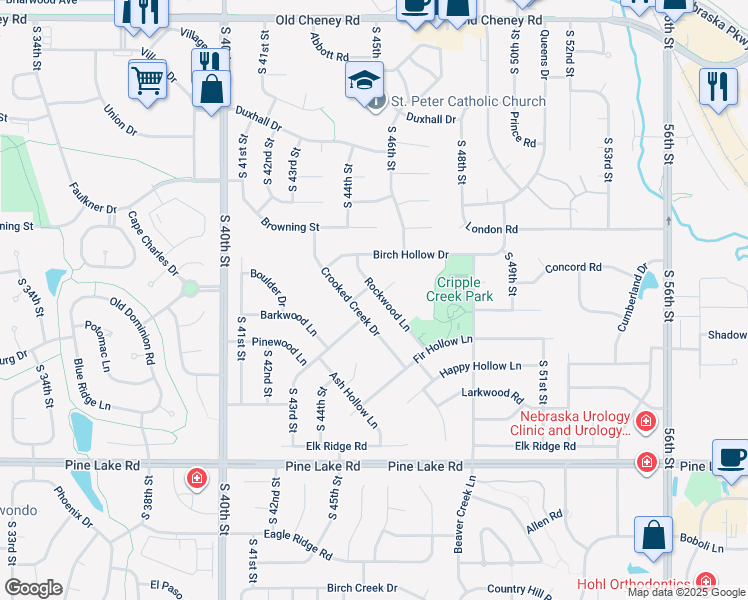 map of restaurants, bars, coffee shops, grocery stores, and more near 6609 Rockwood Lane in Lincoln