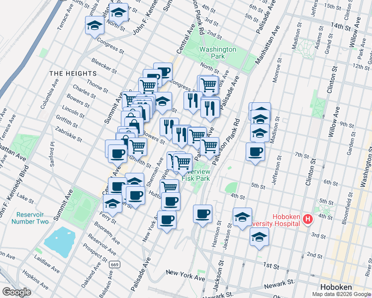 map of restaurants, bars, coffee shops, grocery stores, and more near 52 Bowers Street in Jersey City